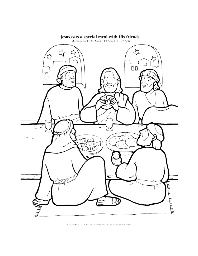Jesus eats a special meal with his friends coloring page