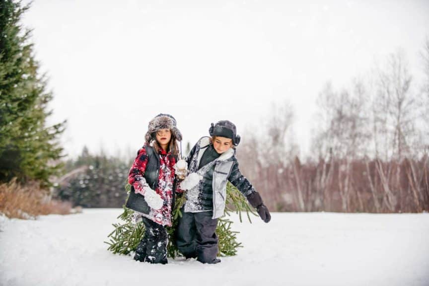 Carry Christmas tree with multi-generational family