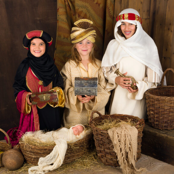 Three wise men in nativity scene