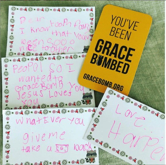 picture of a Grace Bombed card along side hand written notes