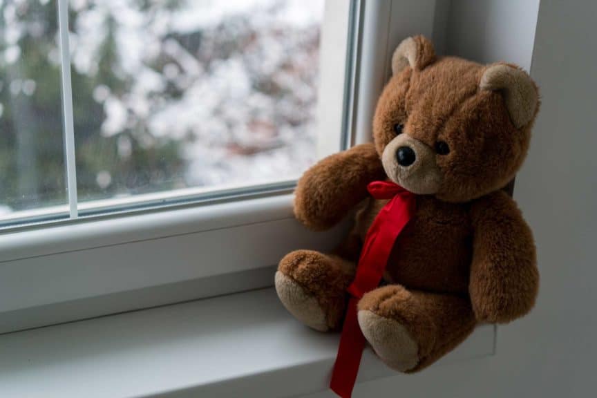 Teddy Bear sitting on winter window