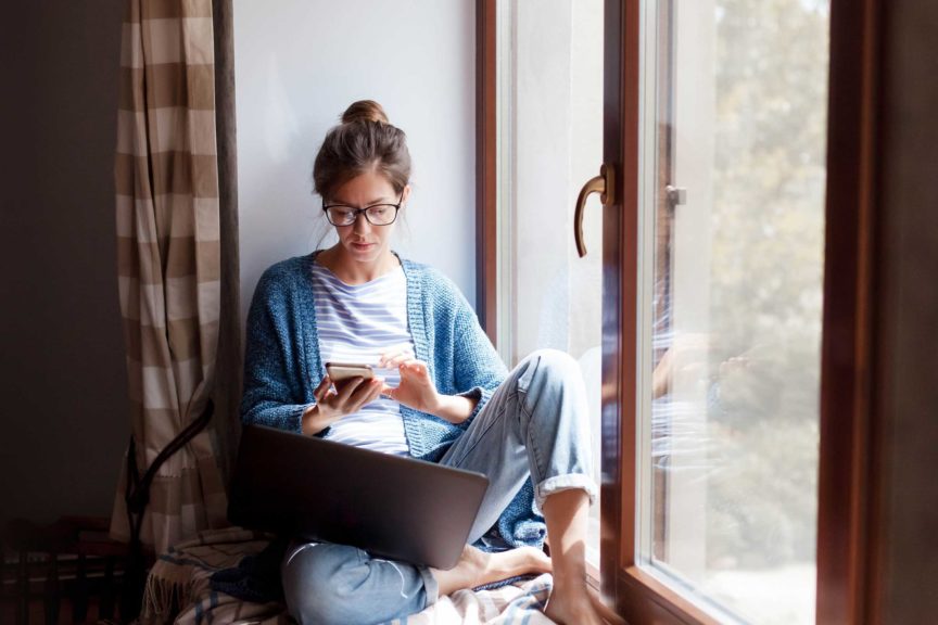 Young woman working from home office